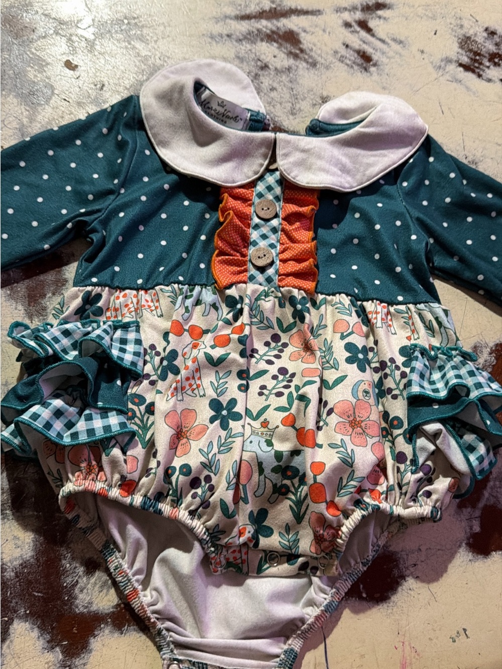 Teal Polka Dot & Floral Ruffle One-Piece for Kids